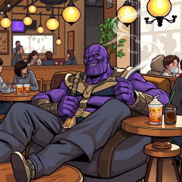 A humorous depiction of Thanos, the purple-skinned Titan from Marvel Comics, sitting comfortably in a cozy coffee house