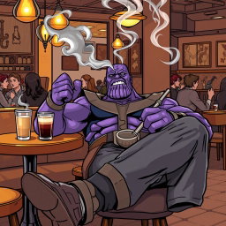 A humorous depiction of Thanos, the purple-skinned Titan from Marvel Comics, sitting comfortably in a cozy coffee house