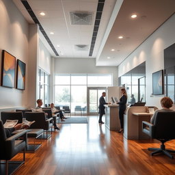A sleek, modern banking interior featuring polished wooden floors, a high ceiling with contemporary art hanging on the walls, and stylish ergonomic seating for clients