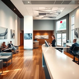 A sleek, modern banking interior featuring polished wooden floors, a high ceiling with contemporary art hanging on the walls, and stylish ergonomic seating for clients