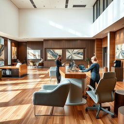 A sleek, modern banking interior featuring polished wooden floors, a high ceiling with contemporary art hanging on the walls, and stylish ergonomic seating for clients