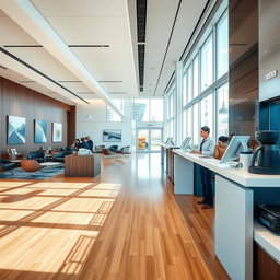 A sleek, modern banking interior featuring polished wooden floors, a high ceiling with contemporary art hanging on the walls, and stylish ergonomic seating for clients