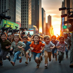 A bustling scene depicting a group of children energetically running away from a swarm of reporters and camera crews