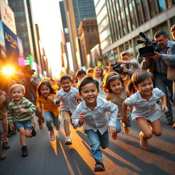 A bustling scene depicting a group of children energetically running away from a swarm of reporters and camera crews