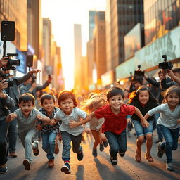 A bustling scene depicting a group of children energetically running away from a swarm of reporters and camera crews