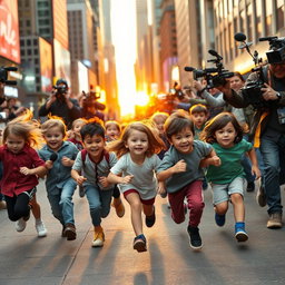A bustling scene depicting a group of children energetically running away from a swarm of reporters and camera crews
