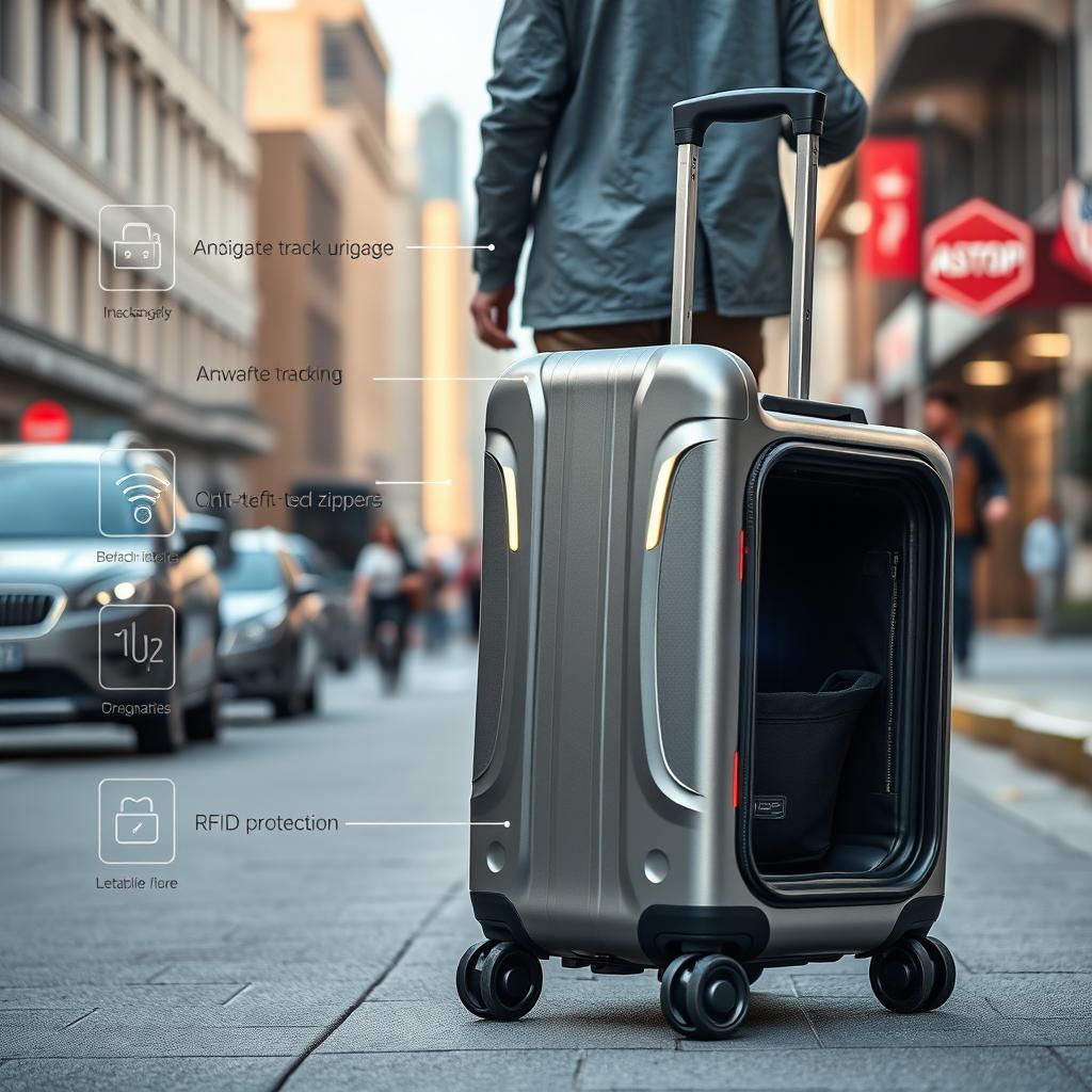 An innovative suitcase designed with a sleek and modern aesthetic, featuring integrated tracking technology, advanced anti-theft mechanisms like lockable zippers and RFID protection, and autonomous functionality allowing it to follow the user
