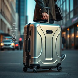 An innovative suitcase designed with a sleek and modern aesthetic, featuring integrated tracking technology, advanced anti-theft mechanisms like lockable zippers and RFID protection, and autonomous functionality allowing it to follow the user