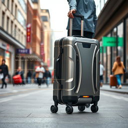 An innovative suitcase designed with a sleek and modern aesthetic, featuring integrated tracking technology, advanced anti-theft mechanisms like lockable zippers and RFID protection, and autonomous functionality allowing it to follow the user