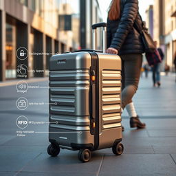 An innovative suitcase designed with a sleek and modern aesthetic, featuring integrated tracking technology, advanced anti-theft mechanisms like lockable zippers and RFID protection, and autonomous functionality allowing it to follow the user