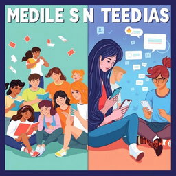 A visually impactful illustration showing the effects of media on teenagers, depicting both positive and negative influences
