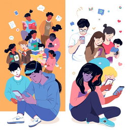 A visually impactful illustration showing the effects of media on teenagers, depicting both positive and negative influences