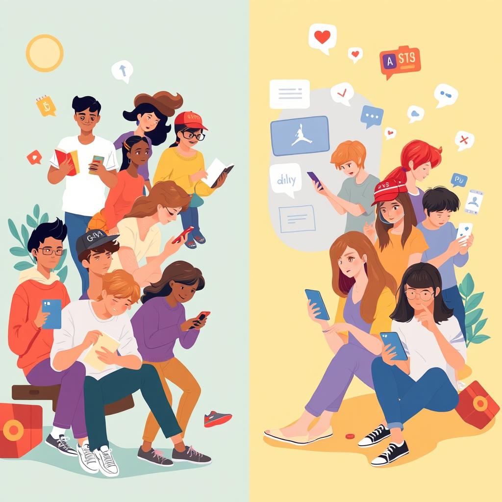 A visually impactful illustration showing the effects of media on teenagers, depicting both positive and negative influences