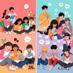 A visually impactful illustration showing the effects of media on teenagers, depicting both positive and negative influences