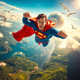 A dynamic and exhilarating scene depicting a superhero flying like Superman around Earth