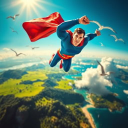 A dynamic and exhilarating scene depicting a superhero flying like Superman around Earth