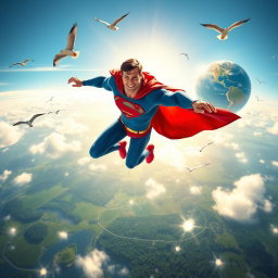 A dynamic and exhilarating scene depicting a superhero flying like Superman around Earth