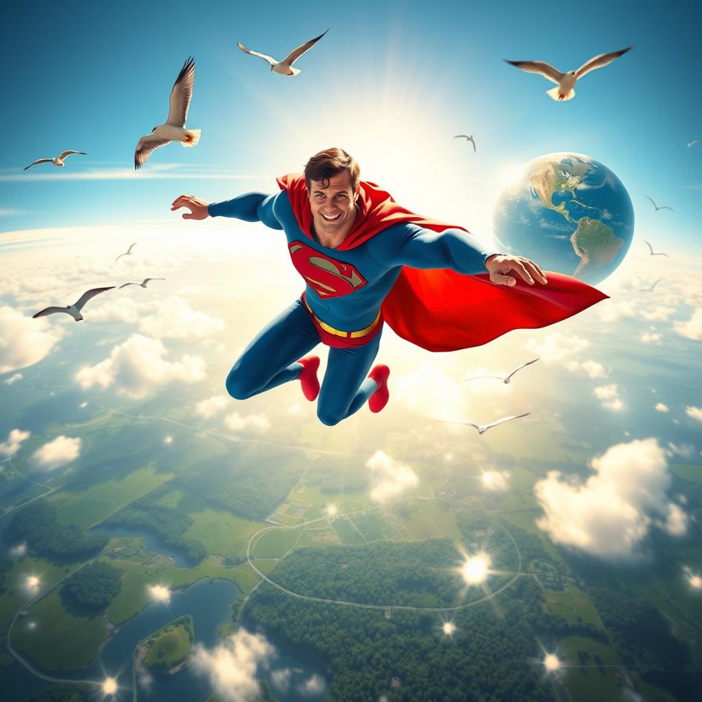 A dynamic and exhilarating scene depicting a superhero flying like Superman around Earth