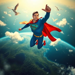A dynamic and exhilarating scene depicting a superhero flying like Superman around Earth