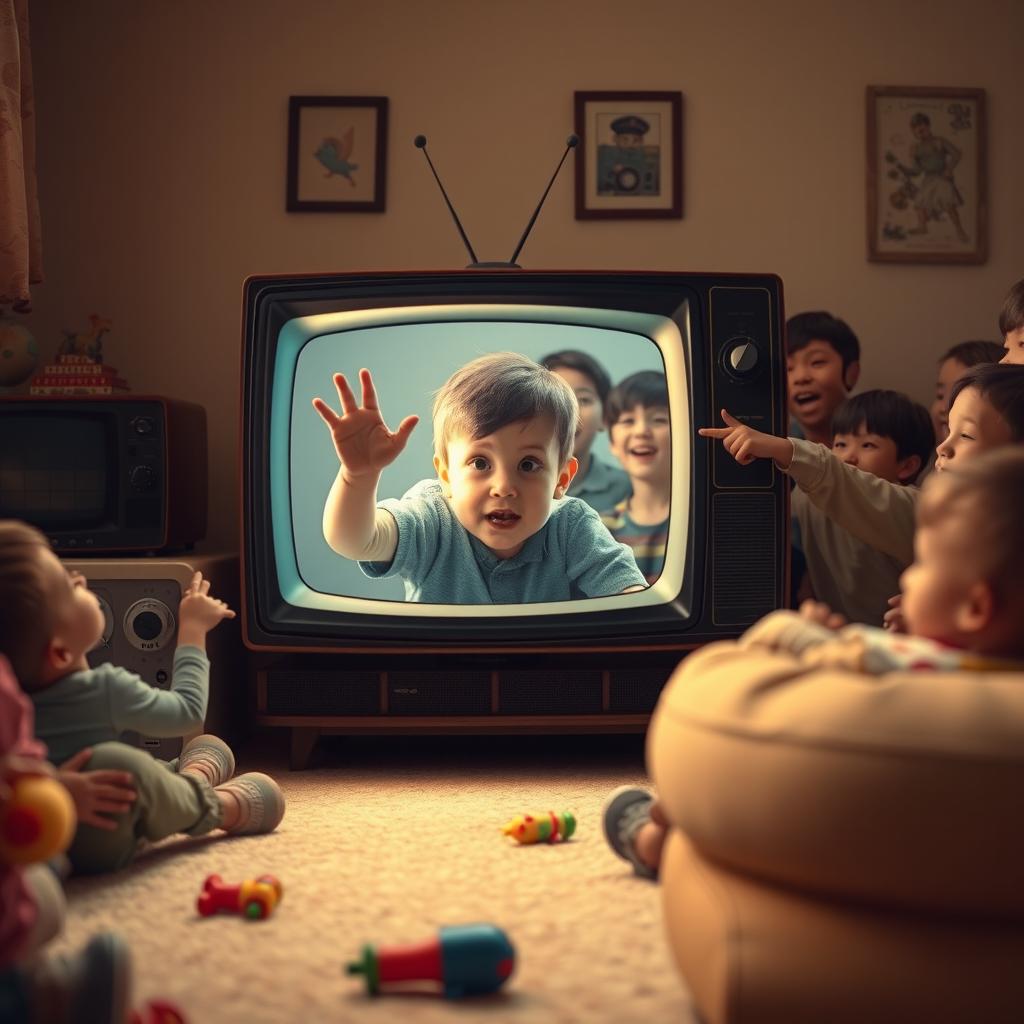 A surreal scene depicting a young boy trapped inside a glowing television screen, looking bewildered and trying to reach out