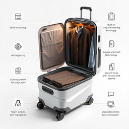 A modern, high-tech suitcase with a stylish design, featuring a spacious clothing compartment