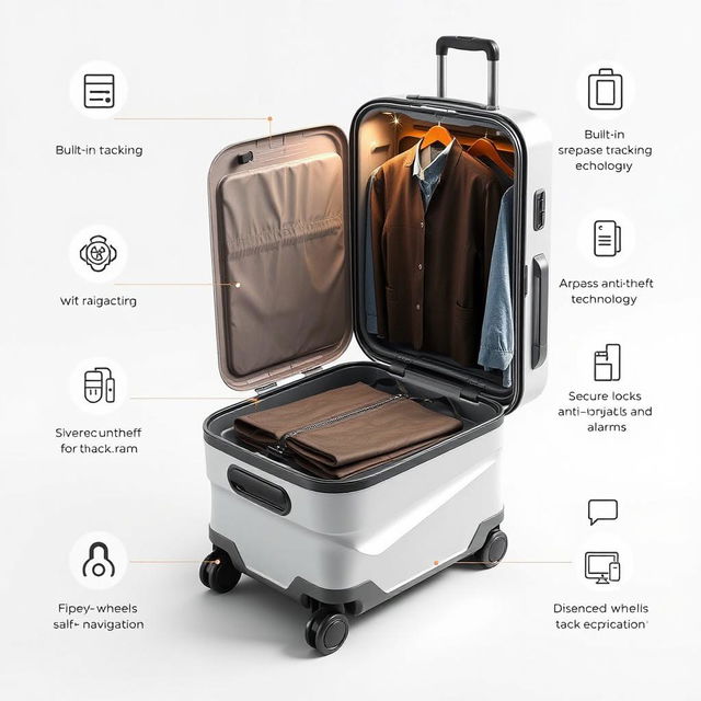 A modern, high-tech suitcase with a stylish design, featuring a spacious clothing compartment