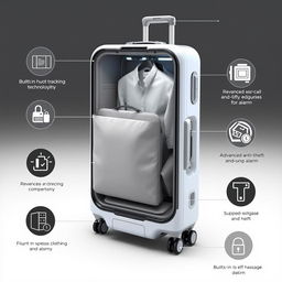 A modern, high-tech suitcase with a stylish design, featuring a spacious clothing compartment