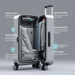 A modern, high-tech suitcase with a stylish design, featuring a spacious clothing compartment