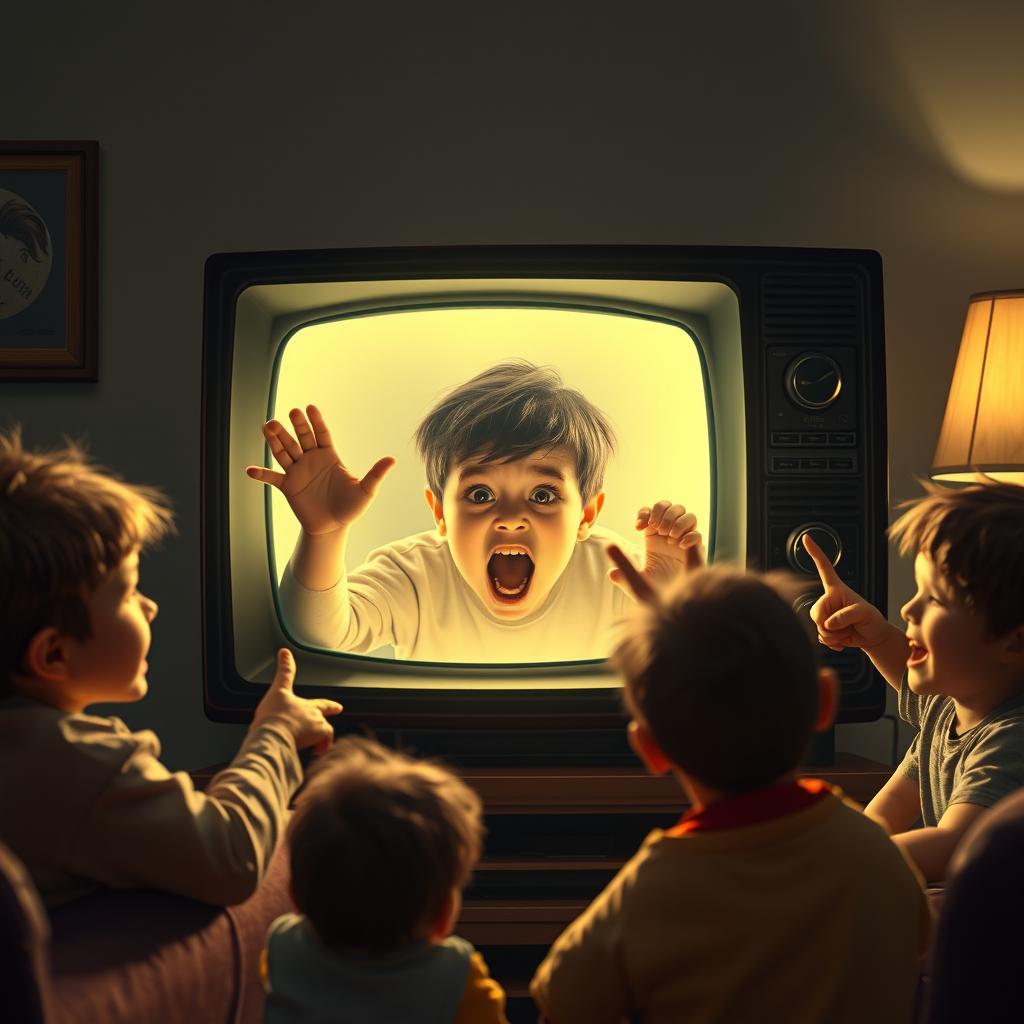 A dramatic scene depicting a scared boy trapped inside a glowing television screen, his face expressing fear and desperation as he looks out