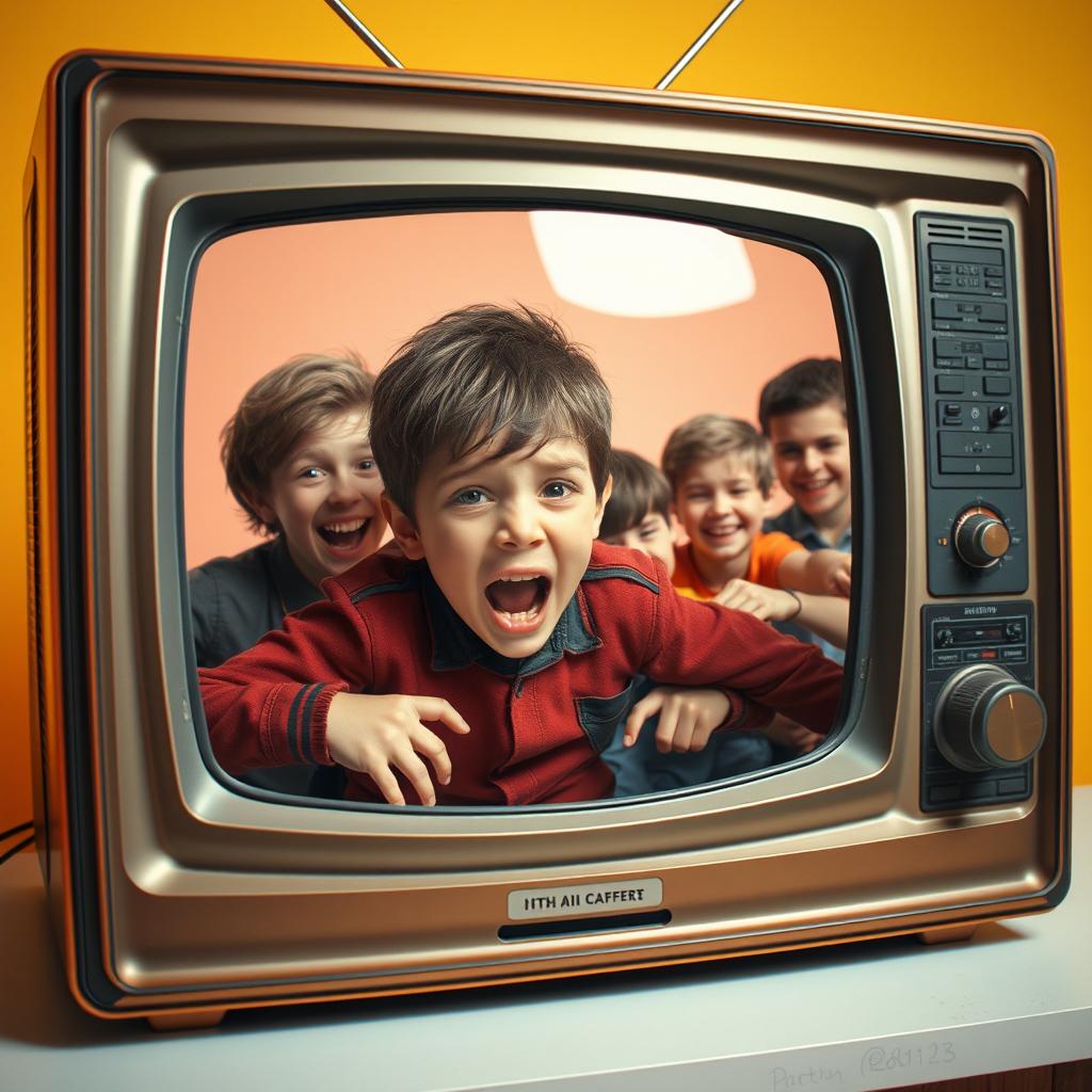 A surreal scene depicting a frightened boy trapped inside a television screen, his facial expression showing fear and desperation