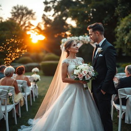 A beautiful wedding scene set in a lush garden, decorated with elegant floral arrangements in shades of blush pink and white
