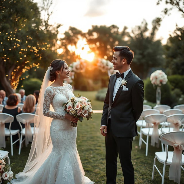 A beautiful wedding scene set in a lush garden, decorated with elegant floral arrangements in shades of blush pink and white