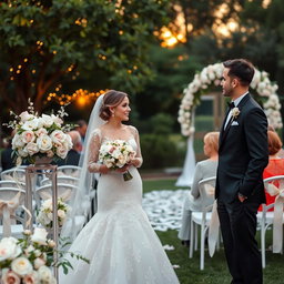 A beautiful wedding scene set in a lush garden, decorated with elegant floral arrangements in shades of blush pink and white