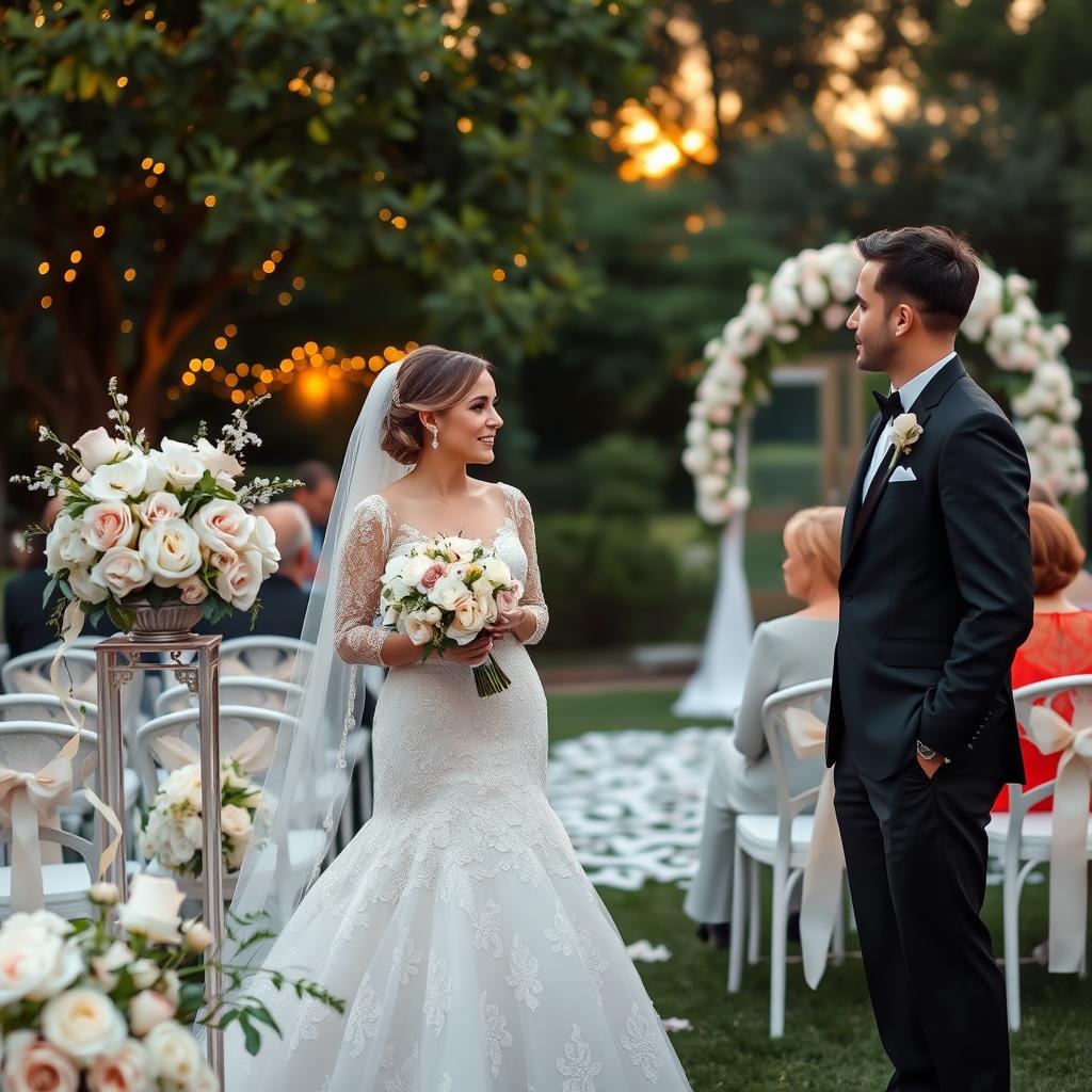 A beautiful wedding scene set in a lush garden, decorated with elegant floral arrangements in shades of blush pink and white
