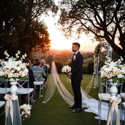 A beautiful wedding scene set in a lush garden, decorated with elegant floral arrangements in shades of blush pink and white