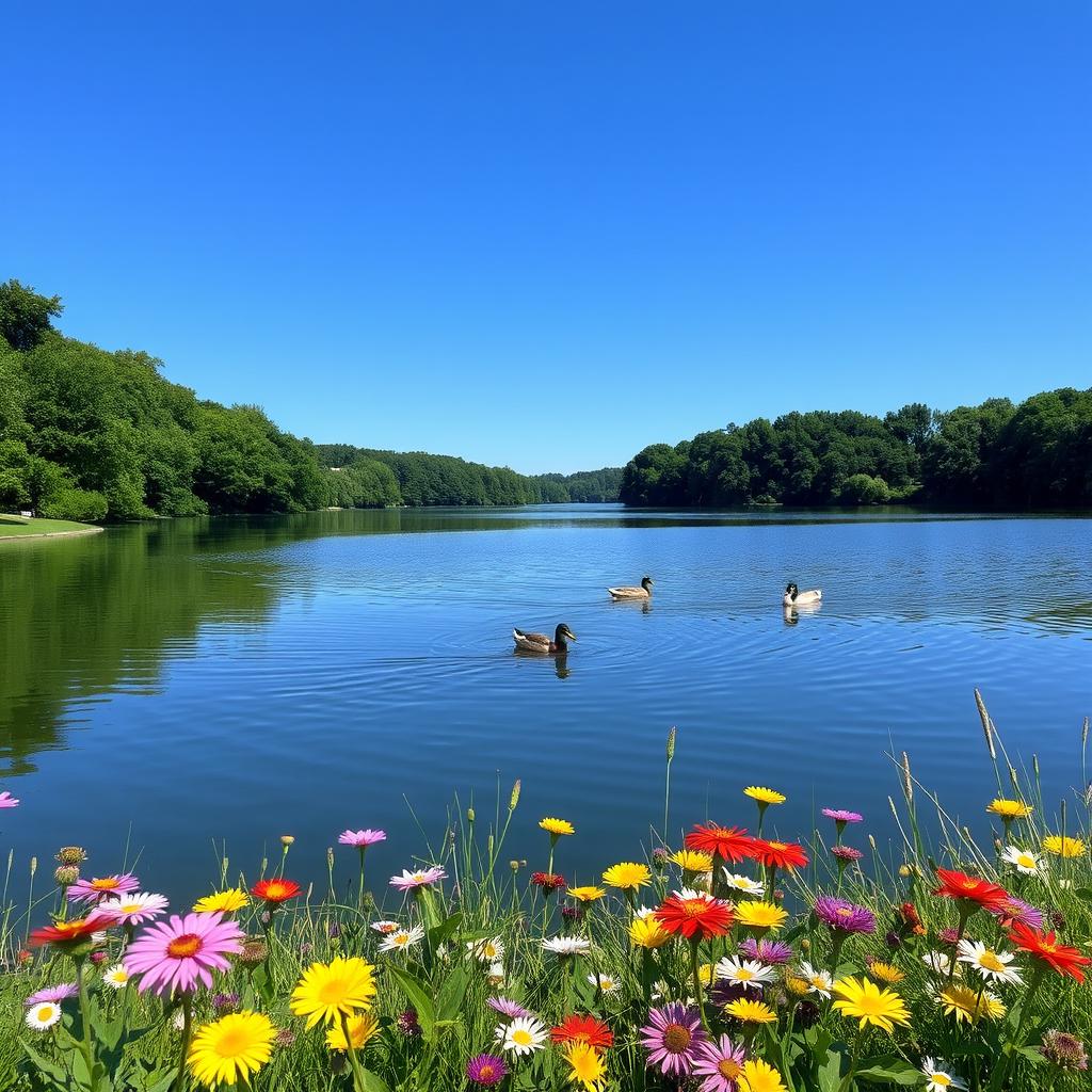 A picturesque view of a tranquil lake surrounded by lush green trees, with a calm blue sky above reflecting on the water's surface