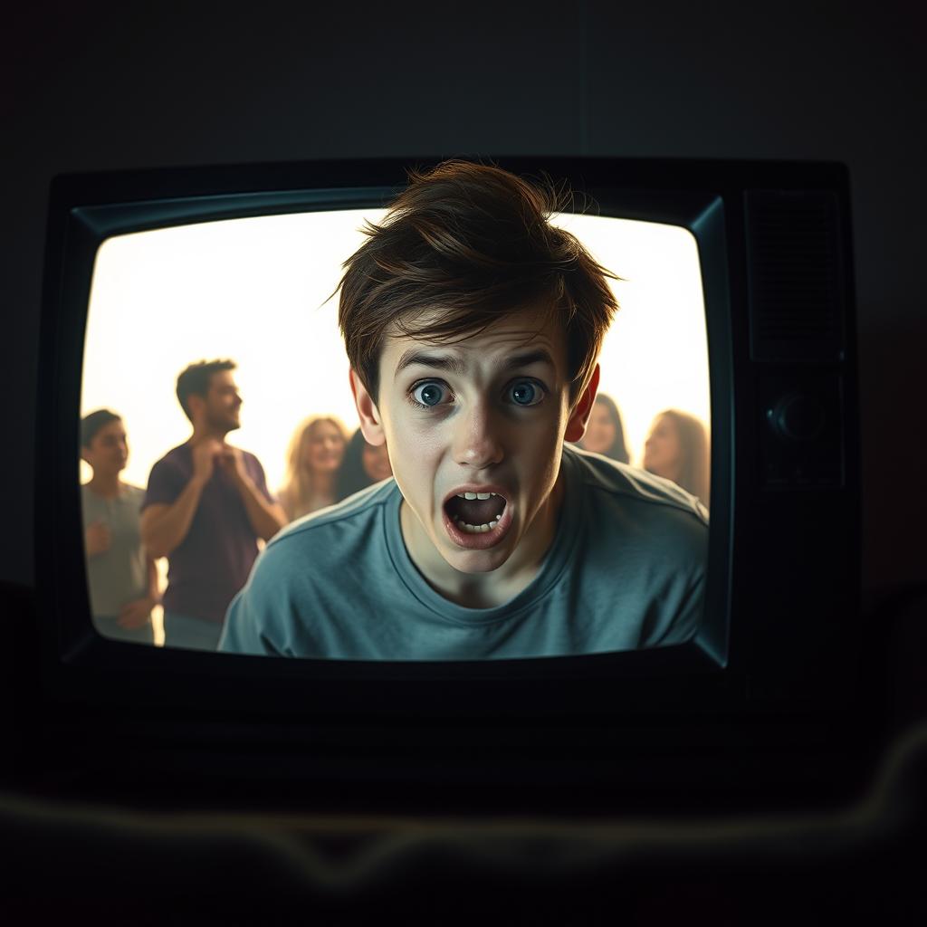 A scared teenage boy trapped inside a glowing TV screen, his expression one of fear and desperation