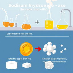An informative illustration showing a chemical process in a cleaner with sodium hydroxide breaking down grease and oils