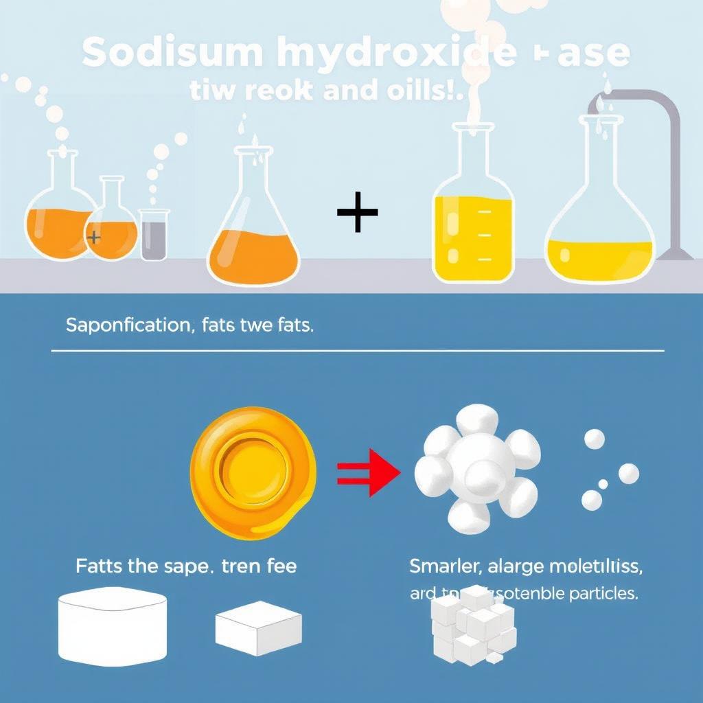 An informative illustration showing a chemical process in a cleaner with sodium hydroxide breaking down grease and oils