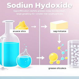 An informative illustration showing a chemical process in a cleaner with sodium hydroxide breaking down grease and oils