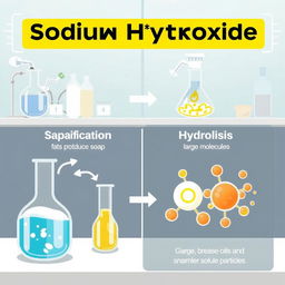 An informative illustration showing a chemical process in a cleaner with sodium hydroxide breaking down grease and oils
