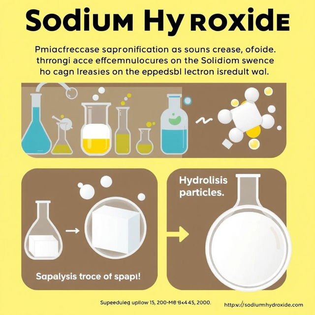 An informative illustration showing a chemical process in a cleaner with sodium hydroxide breaking down grease and oils