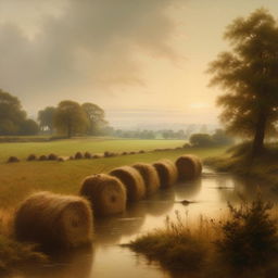 Create a broadcast-idyllic painting capturing the beauty of an English countryside landscape in the soft, delicate, and atmospheric style of John William North.