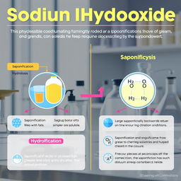 An educational infographic illustrating the chemical process of cleaning using sodium hydroxide