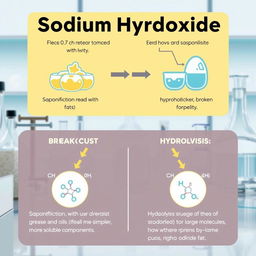 An educational infographic illustrating the chemical process of cleaning using sodium hydroxide