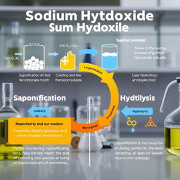 An educational infographic illustrating the chemical process of cleaning using sodium hydroxide