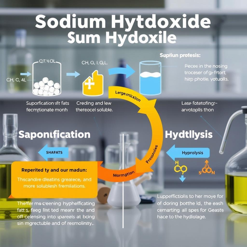 An educational infographic illustrating the chemical process of cleaning using sodium hydroxide