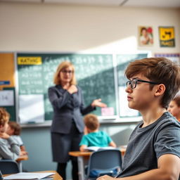 A classroom scene where a teacher is firmly but respectfully reprimanding a student for not paying attention