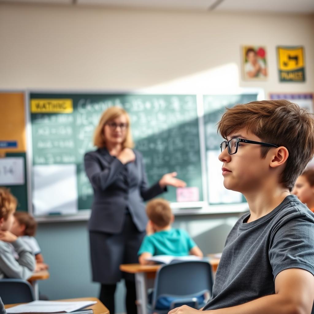 A classroom scene where a teacher is firmly but respectfully reprimanding a student for not paying attention