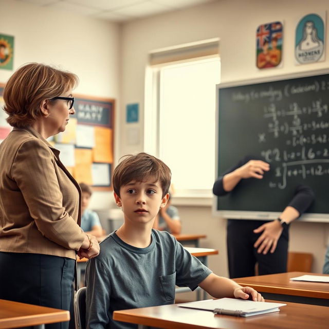 A classroom scene where a teacher is firmly but respectfully reprimanding a student for not paying attention